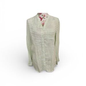 Coldwater Creek Green white linen Striped Button-Up Blouse XL